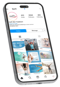 A smartphone showing social media posts about Swift Microwave Therapy